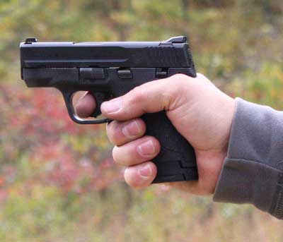 The Smith and Wesson M&P 9mm Shield in my shooting grip
