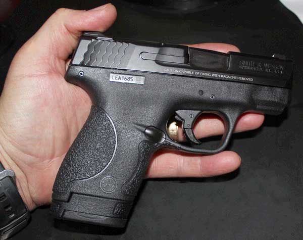 A Smith and Wesson M&P 9mm Shield in my averge size hand