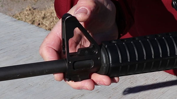 Ruger AR-556 Gas block, which is also a frond sight, bayonet lug, and hole for a sling loop