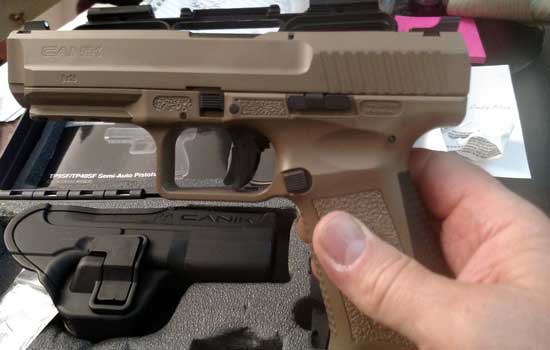 Canik TP9SF 9mm pistol in Desert Brown with no external safety or decocker