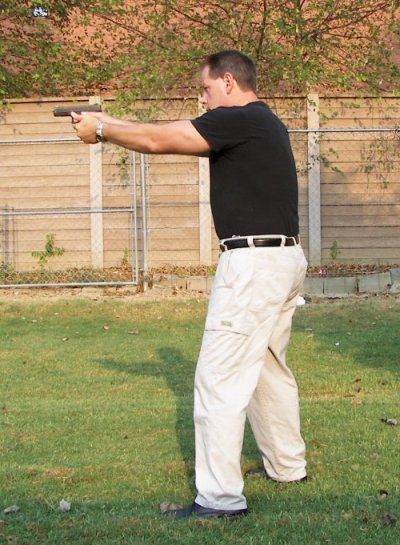 Stance for two handed pistol shooting